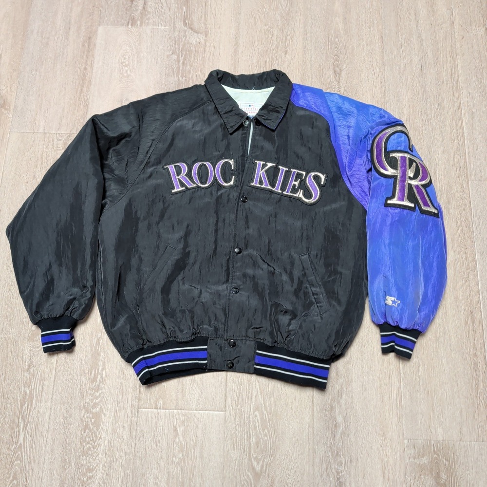 Vintage Starter Colorado Rockies Bomber Varsity Jacket Mens L Purple Black‎ MLB